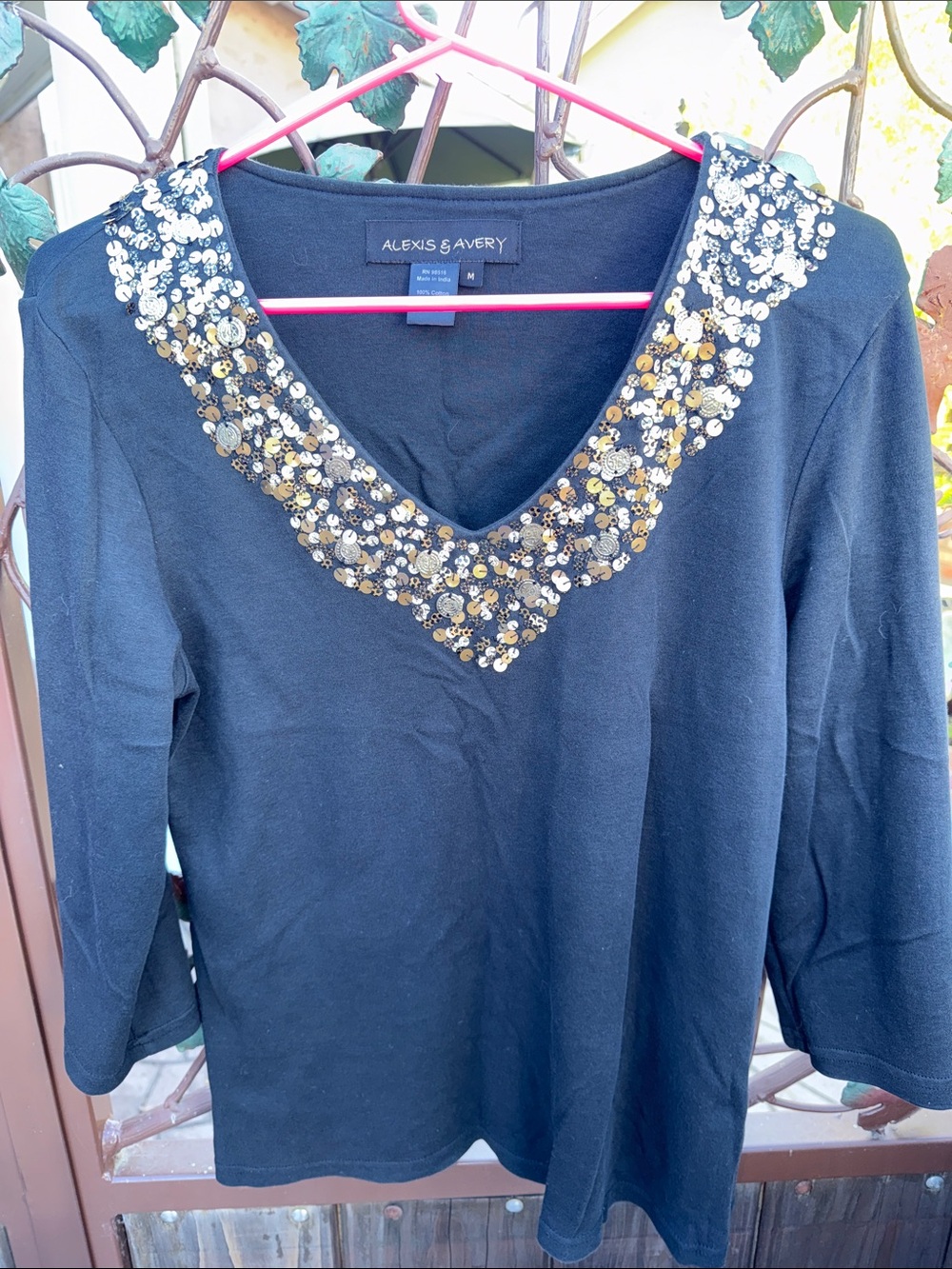 Black V-Neck Long Sleeve Top with Gold & Silver Sequin Trim